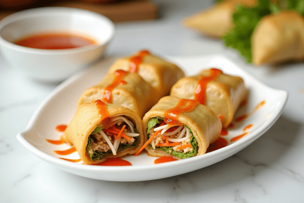 Tauhu sumbat, or stuffed tofu, filled with shredded vegetables and drizzled with sweet chili sauce.