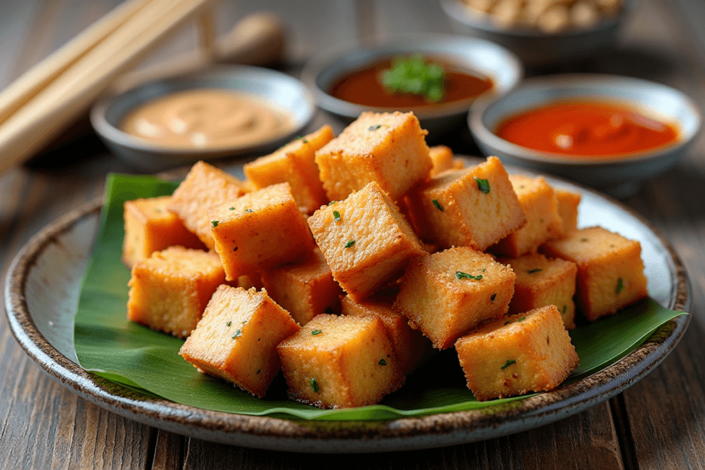 A vibrant stir-fry dish featuring crispy tofu, mixed vegetables, and a glossy soy-based sauce served in a wok.