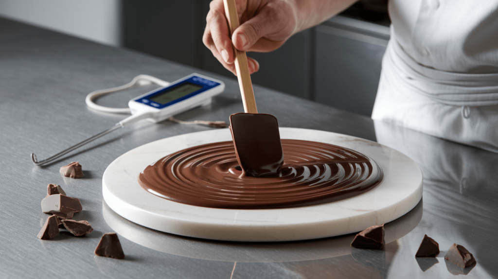 A chocolatier expertly tempering melted chocolate on a marble surface with a spatula.