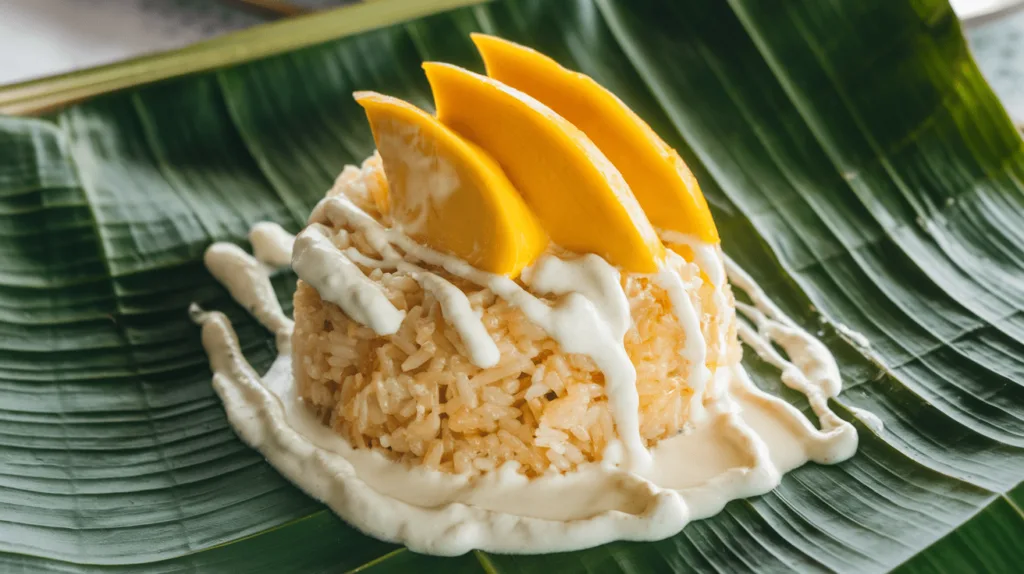 A plate of Thai mango sticky rice with sweet coconut sauce and fresh mango slices.