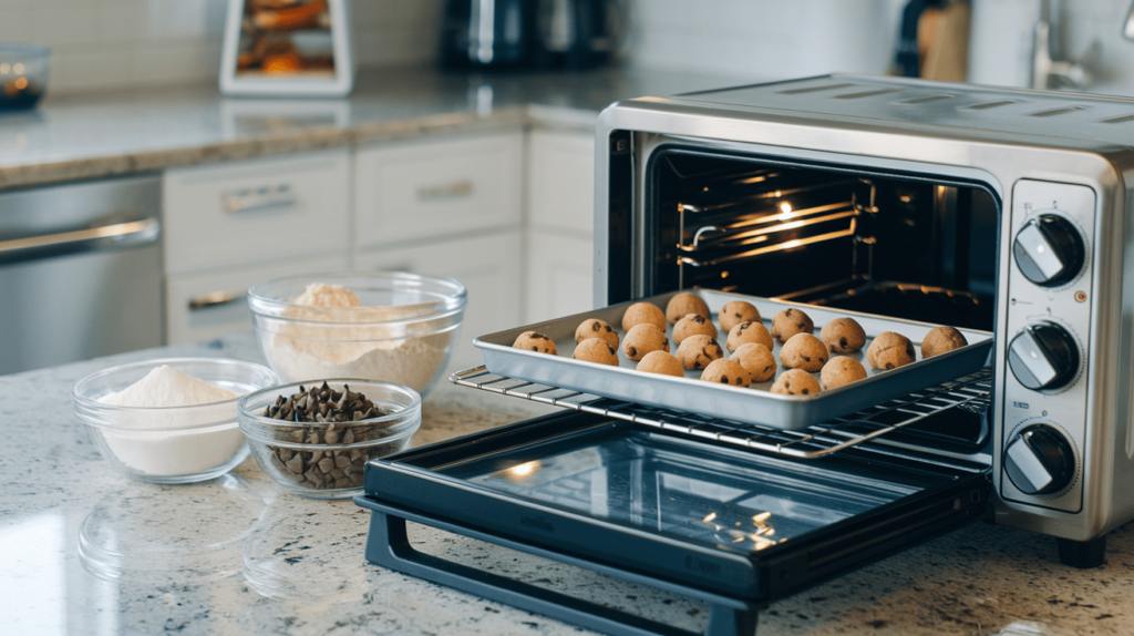 A toaster oven with a small baking tray of cookie dough balls ready to bake.