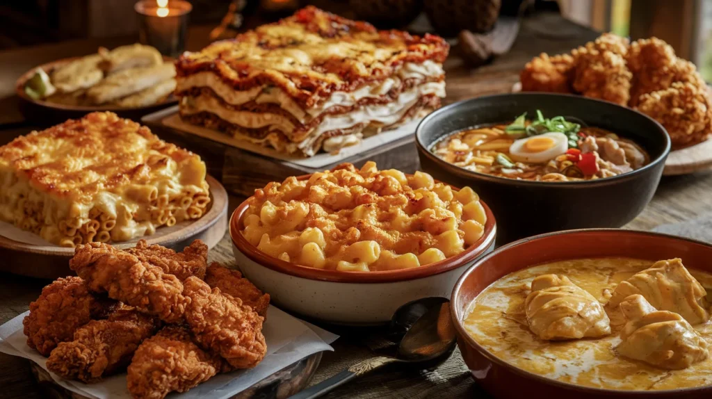 A spread of global comfort food dishes, including mac and cheese, lasagna, ramen, and fried chicken.