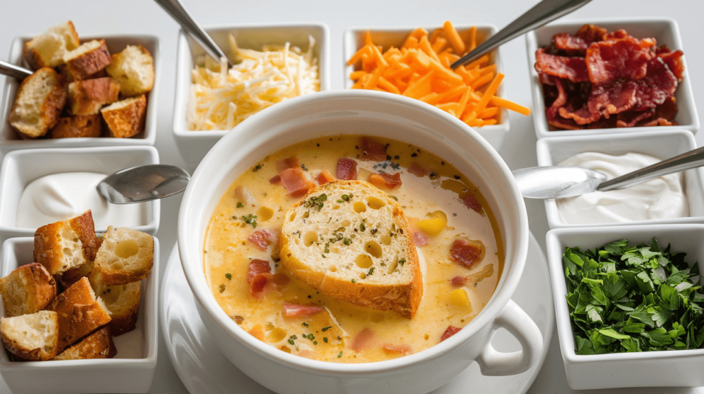 A selection of toppings for breakfast soup, including croutons, cheese, and bacon bits.