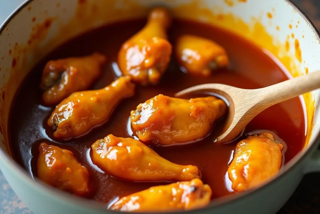 Chicken wings being tossed in honey garlic sauce in a mixing bowl.