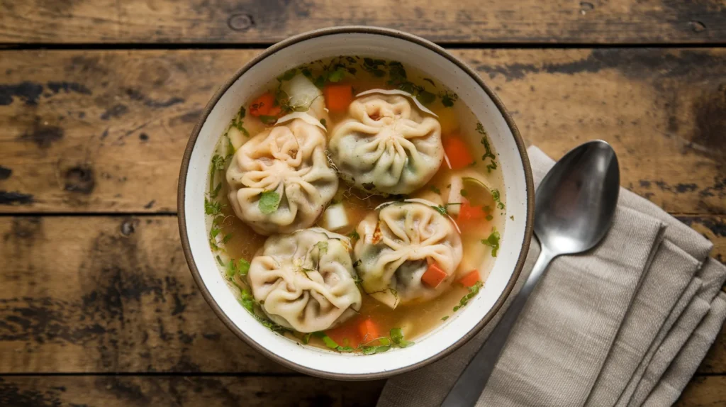 A bowl of Trader Joe’s vegan xiao long bao in a rich vegetable broth, garnished with scallions.