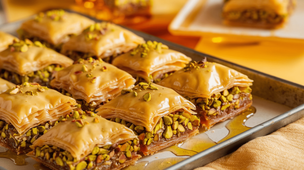 A tray of golden-brown, flaky baklava topped with crushed pistachios and drizzled with honey.