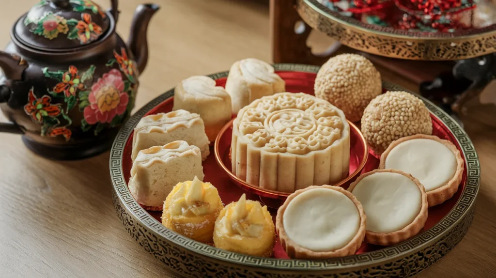 A tray filled with Chinese mooncakes, pineapple cakes, sesame balls, egg tarts, and steamed custard buns.