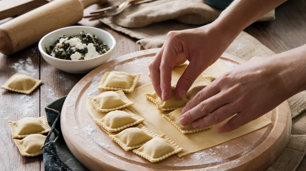 A traditional Italian kitchen scene with fresh pasta dough, rolling pin, and ravioli being prepared by hand.