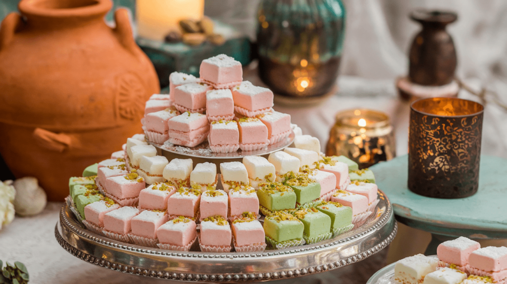 An assortment of colorful Turkish delights dusted with powdered sugar and sprinkled with pistachios.