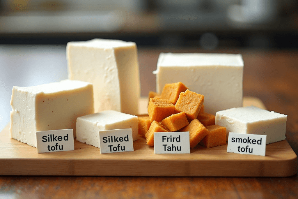 Different types of tofu arranged on a wooden board, labeled as silken tofu, firm tofu, fried tahu, and smoked tofu.