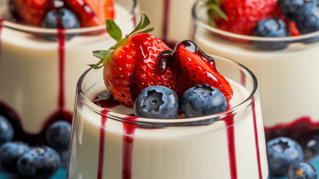 Silky vanilla panna cotta topped with fresh strawberries and blueberries, drizzled with berry coulis.