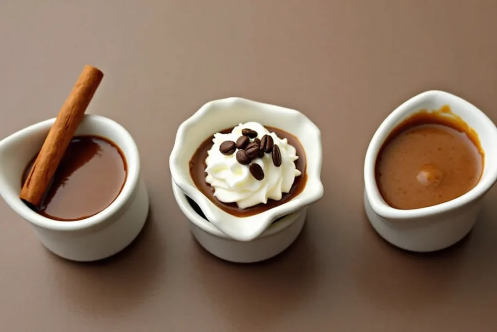 Three small bowls of chocolate gravy variations, including a spiced version with cinnamon, a mocha twist, and an extra creamy version.