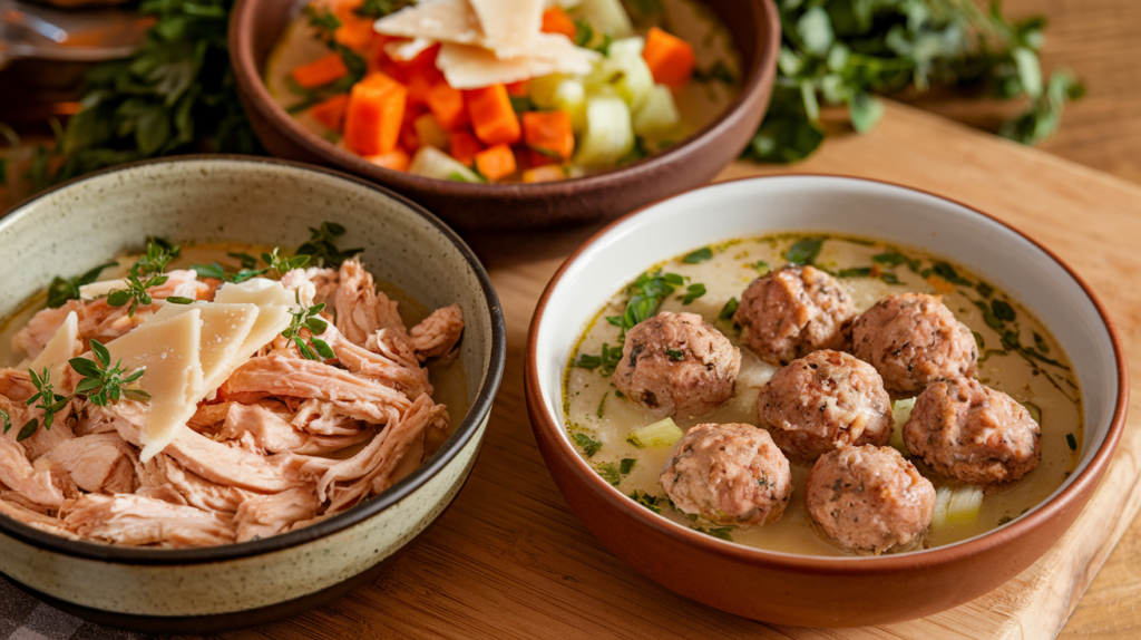 Three bowls of pastina soup variations: one with shredded chicken, one with vegetables, and one with meatballs.