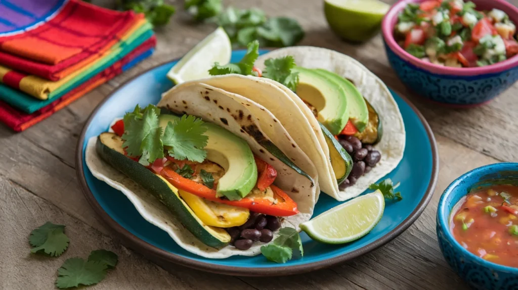 A plate of colorful vegan tacos filled with roasted vegetables, black beans, and fresh cilantro, garnished with lime wedges.