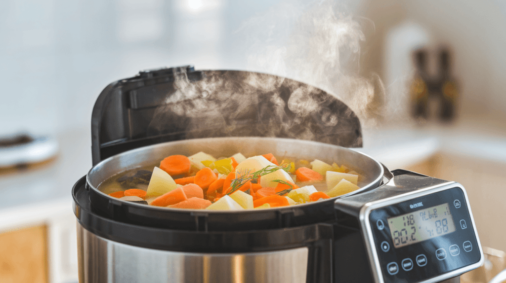 A soup maker in action with a close-up view of vegetable soup being prepared.