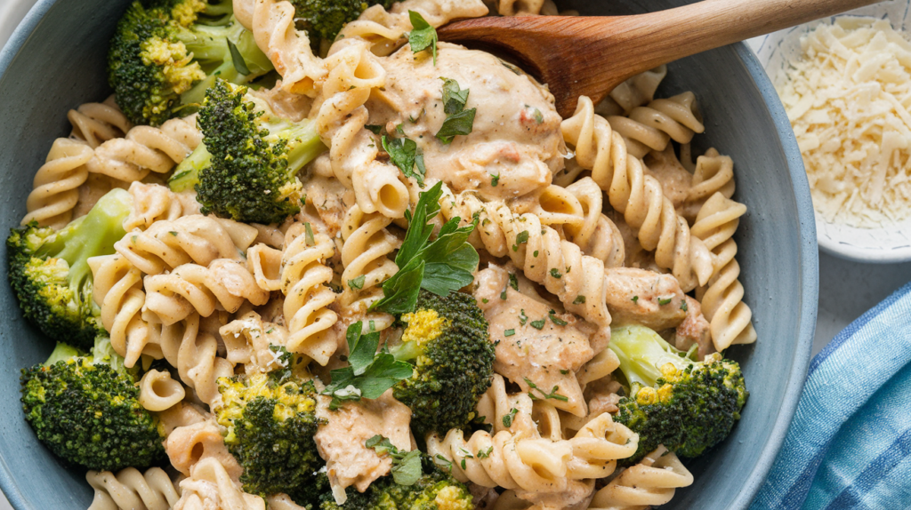 Creamy garlic parmesan chicken pasta mixed with steamed broccoli and topped with parsley.