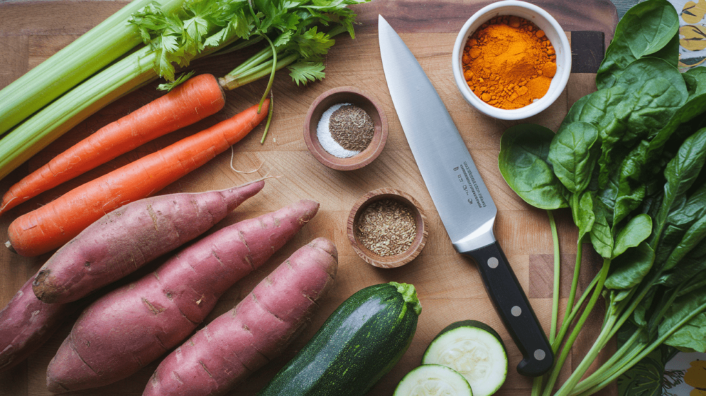 Fresh vegetables and spices arranged on a chopping board, perfect for making breakfast soup.