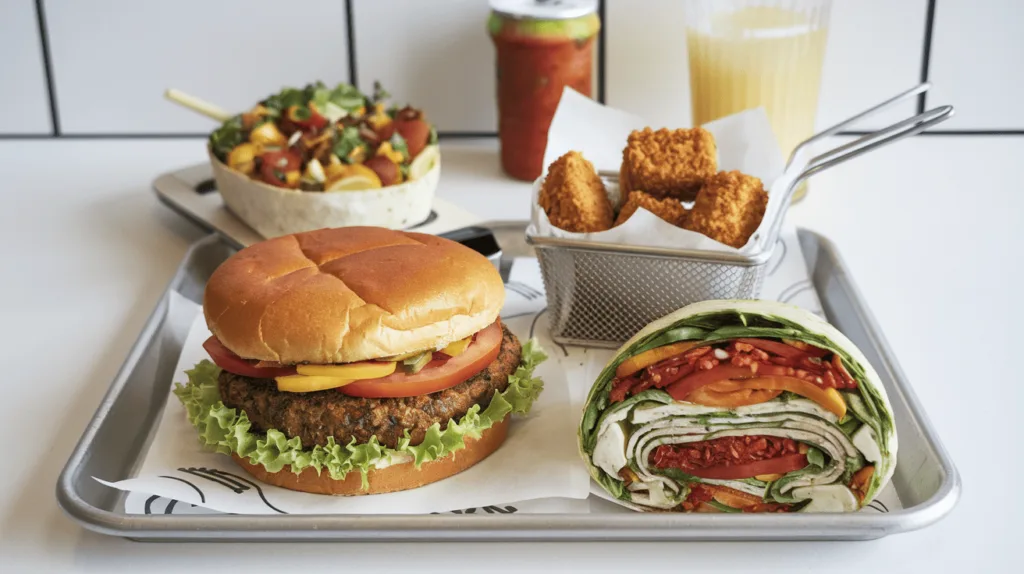 A variety of vegetarian fast-food options including veggie burgers, tofu nuggets, and plant-based wraps