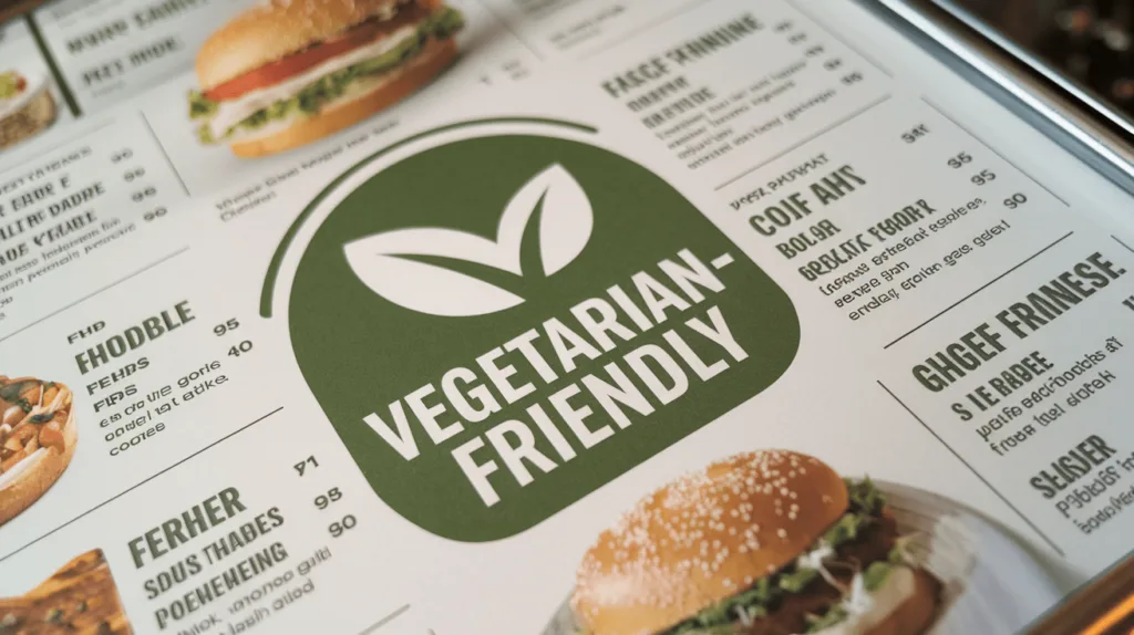 A green "vegetarian-friendly" symbol with a leafy icon, displayed on a fast-food menu.