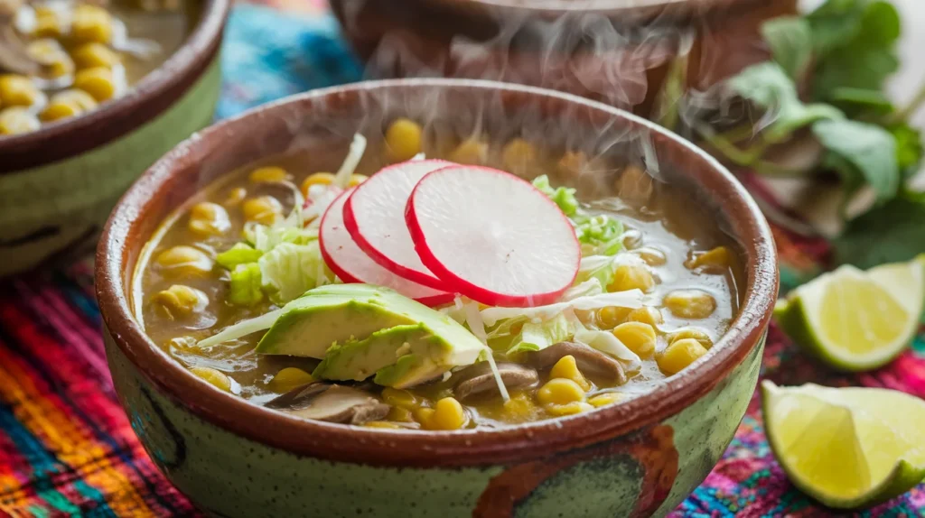 A steaming bowl of vegetarian pozole verde with hominy, tomatillos, and mushrooms, topped with radishes and avocado slices.