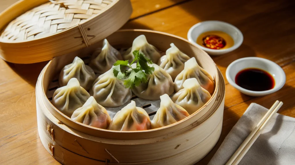 A bamboo steamer filled with freshly steamed vegetarian soup dumplings, garnished with fresh cilantro and served with dipping sauces.