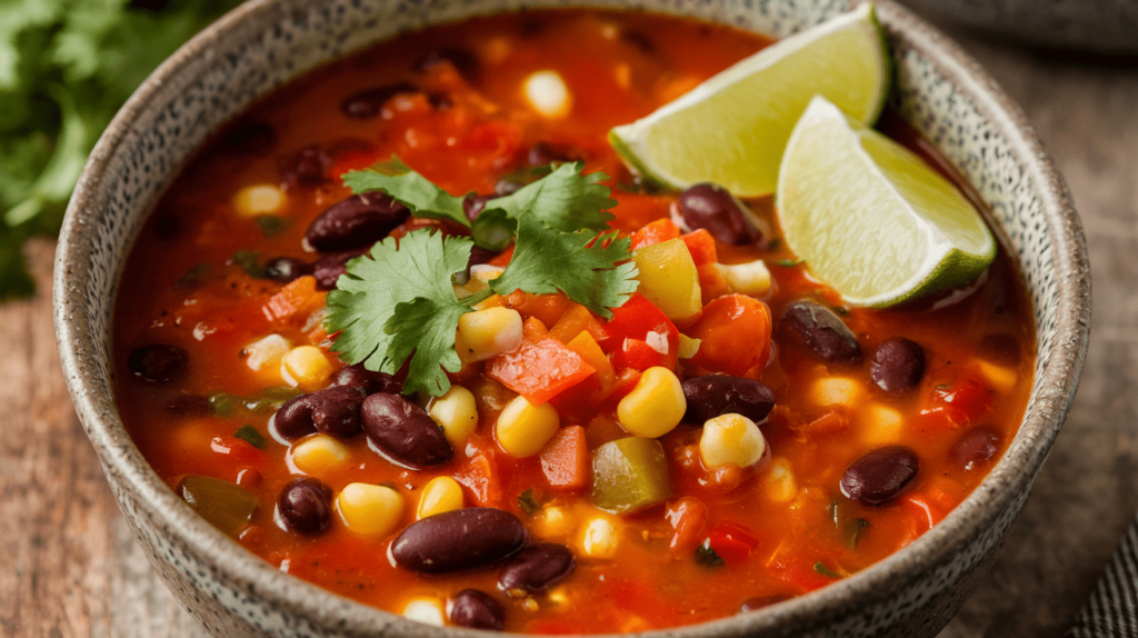 A vegetarian version of taco soup with extra beans, diced vegetables, and fresh herbs.