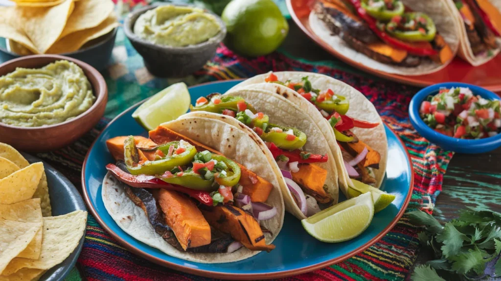 A vibrant spread of vegetarian tacos with sweet potatoes, grilled peppers, and onions, topped with salsa and lime.