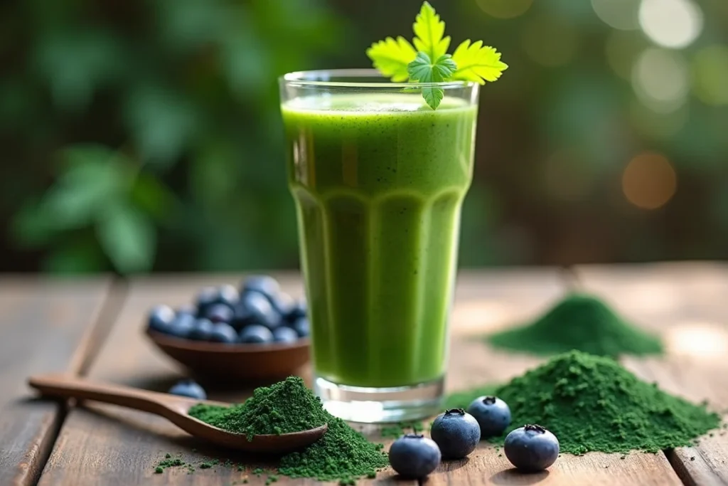 A glass of green detox smoothie garnished with cilantro leaves, surrounded by ingredients like blueberries, spirulina powder, chlorella powder, and barley grass juice powder on a wooden table.