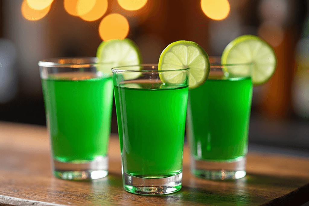 A set of vibrant green tea shots in small glasses on a wooden bar counter, garnished with lime wedges.