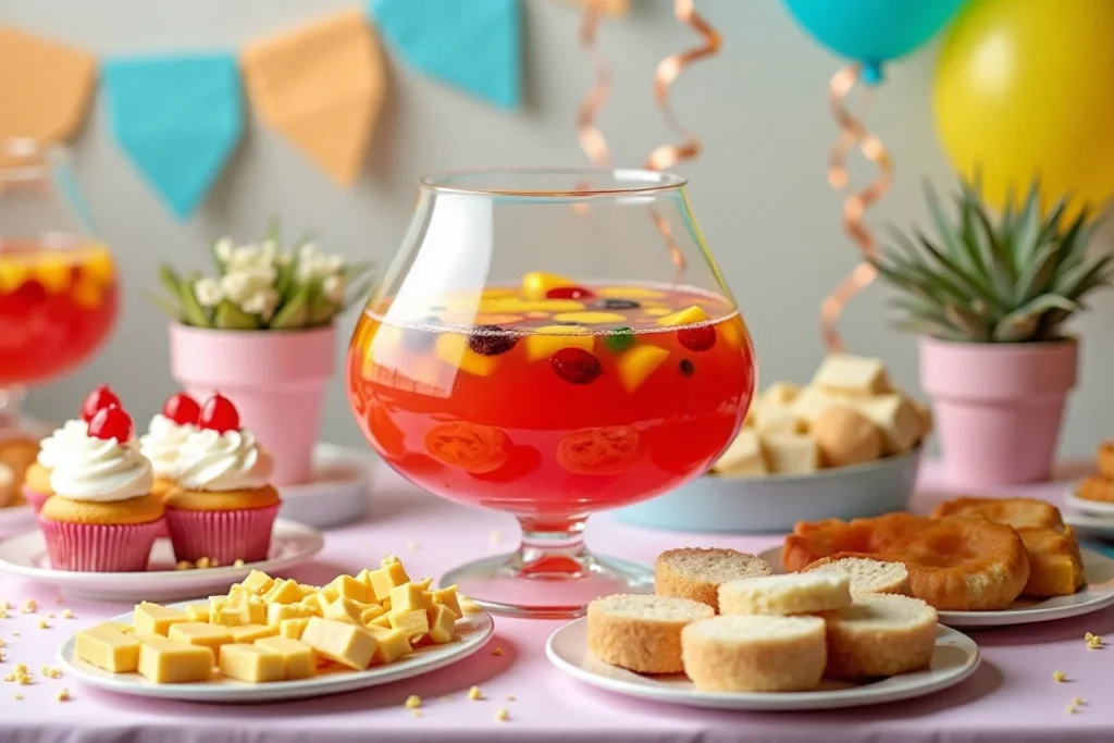 A colorful party spread featuring a punch bowl, cupcakes, and finger foods on a festive table.