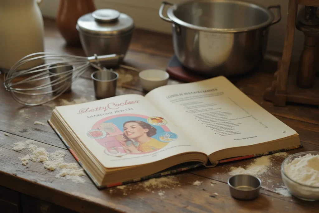 A vintage Betty Crocker Cookbook 1960 open on a kitchen counter with measuring cups and flour around.