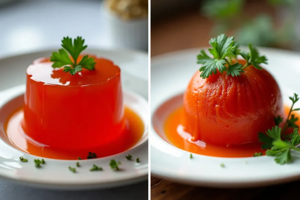 A side-by-side comparison of a vintage tomato aspic and a modern reinterpretation with fresh ingredients.