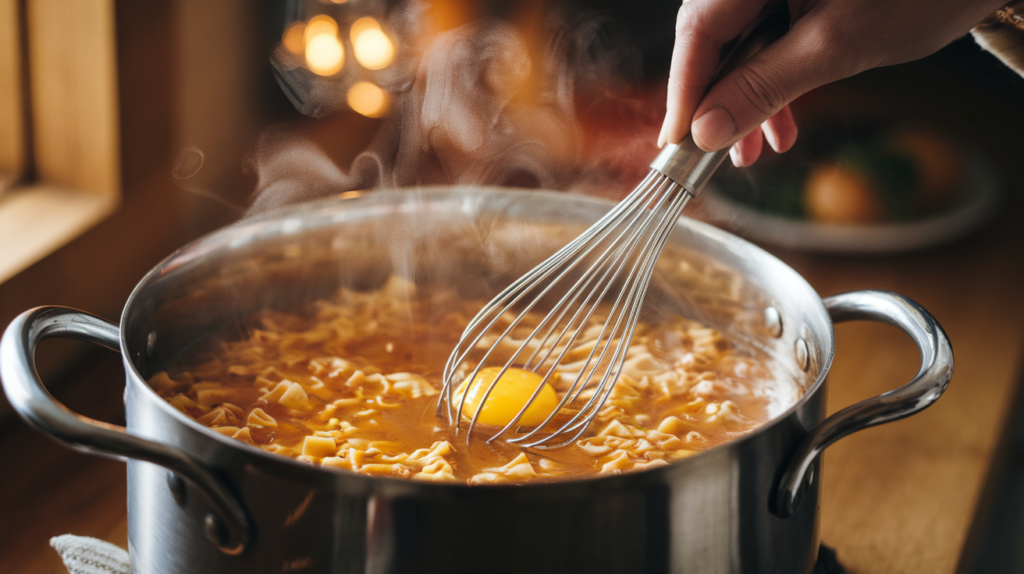 Whisking a beaten egg into simmering pastina soup in a pot.