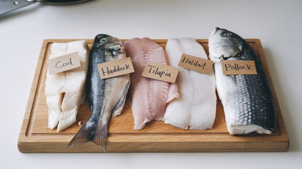 A variety of white fish types displayed on a clean wooden cutting board with labels for cod, haddock, tilapia, halibut, and pollock.