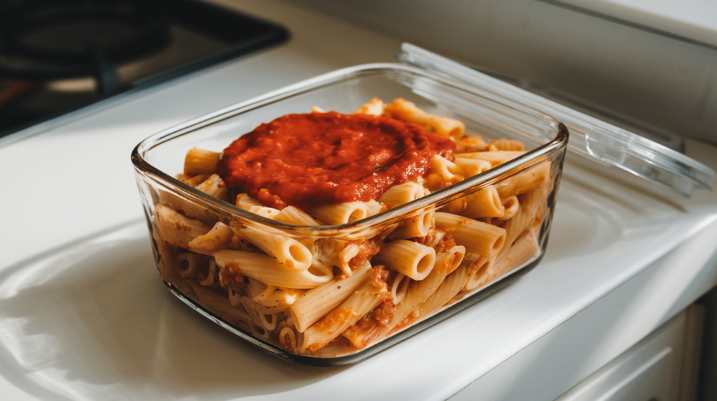 Leftover baked ziti stored in a glass container with a fresh layer of sauce on top.