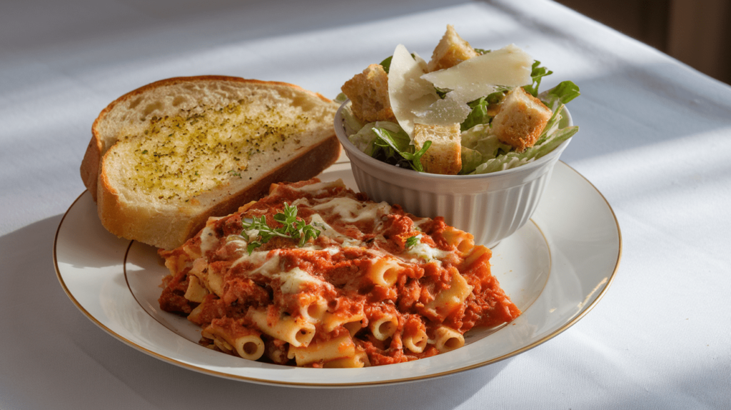 A plate of baked ziti served with garlic bread and a side Caesar salad.