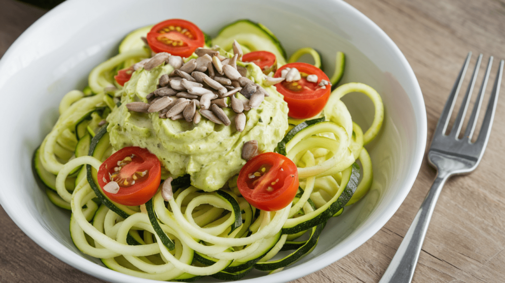 Fresh zucchini noodles in a bowl topped with avocado dressing, cherry tomatoes, and sunflower seeds.