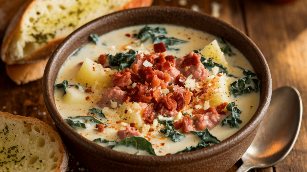 A bowl of creamy Zuppa Toscana soup garnished with kale, crispy bacon bits, and grated Parmesan cheese, served with a side of garlic bread.