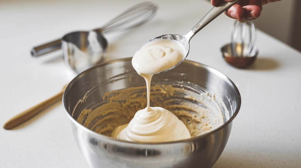 A spoonful of creamy yogurt being added to banana bread batter in a mixing bowl.