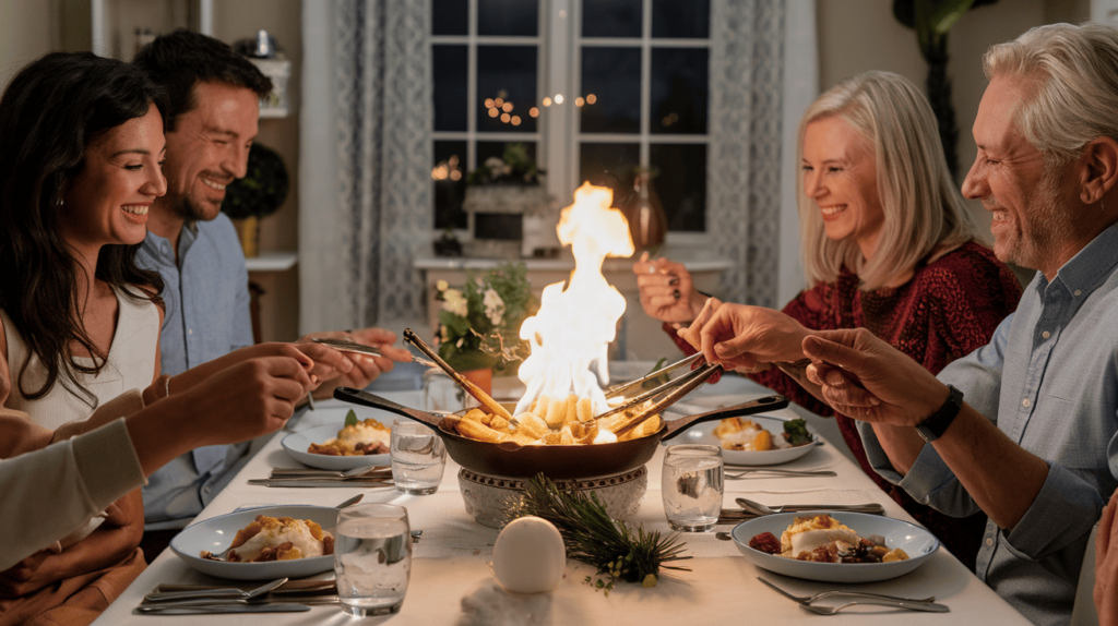 A family sharing Bananas Foster around a dinner table