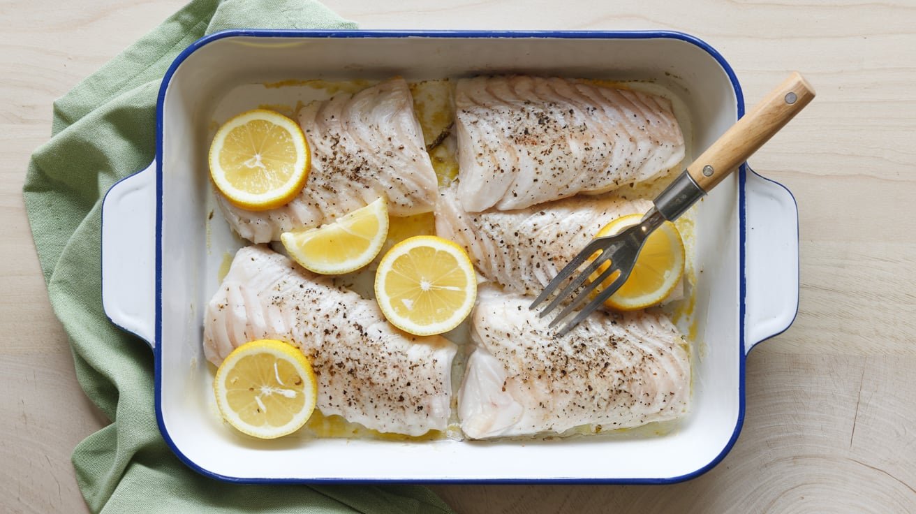 A baking dish with seasoned cod fillets, garnished with fresh lemon slices and a fork resting on one piece.