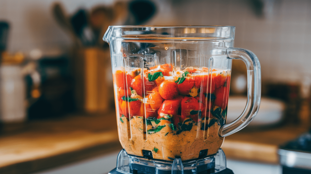 A blender blending roasted tomatoes, red peppers, and vegetable broth into a smooth soup.