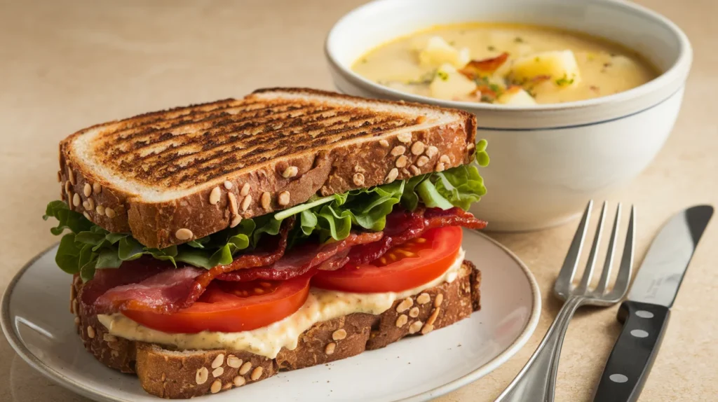 A BLT sandwich on multigrain bread served with a steaming bowl of potato soup.