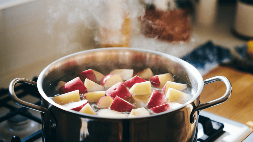 Chunks of red potatoes boiling in a pot of water.