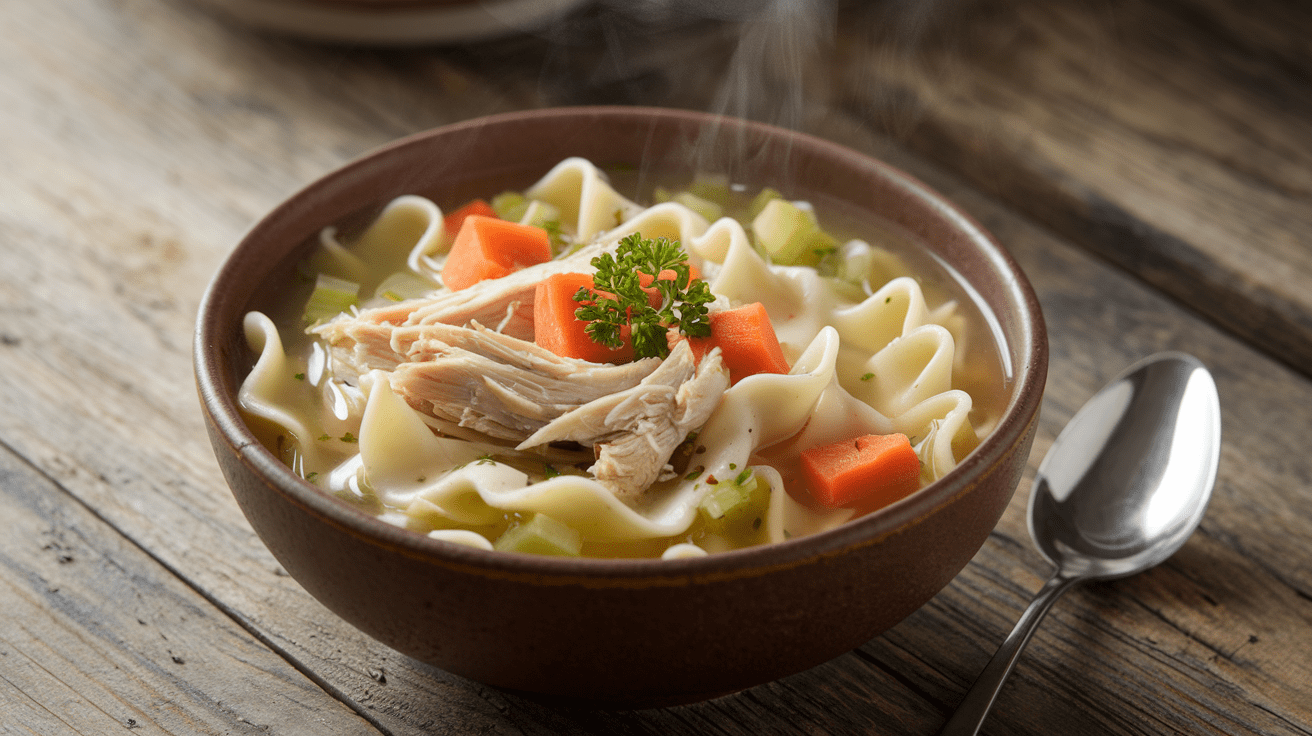 A steaming bowl of gluten-free chicken noodle soup with vibrant vegetables, shredded chicken, and gluten-free noodles.