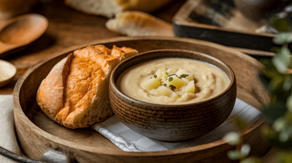 A bowl of potato soup served with crusty bread on the side.