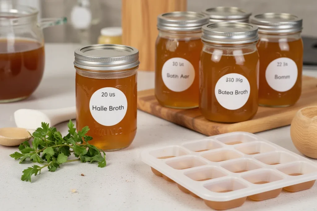 Homemade broth stored in mason jars and ice cube trays, ready for freezing.