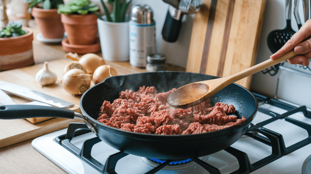 Ground beef being browned in a skillet with a wooden spoon, surrounded by cooking ingredients.