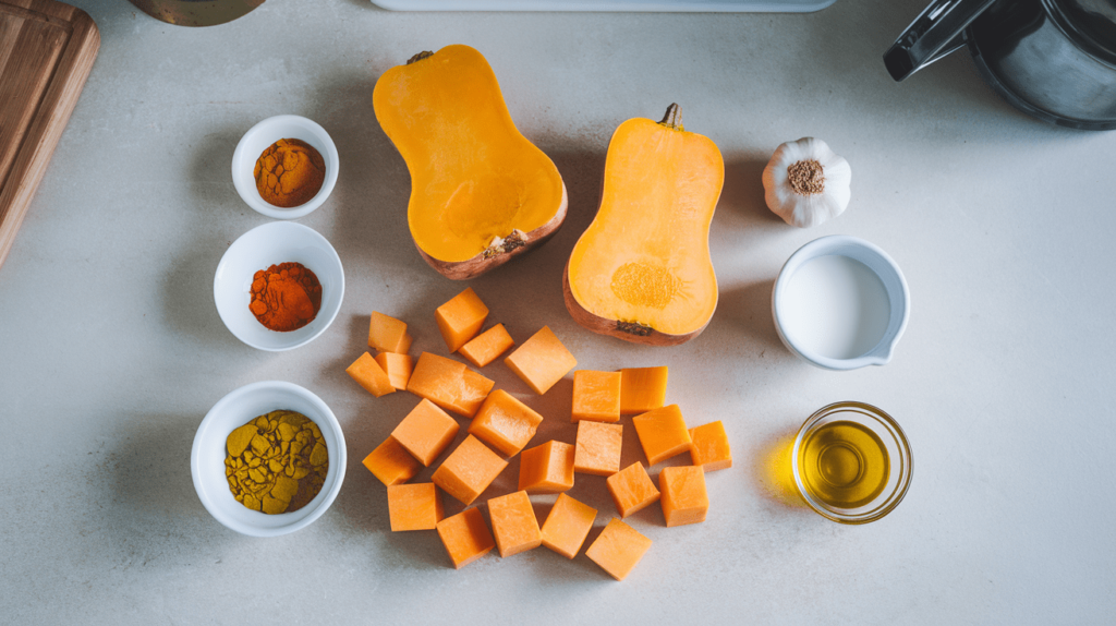 Fresh butternut squash cubes surrounded by curry powder, turmeric, garlic, and coconut milk on a kitchen counter.