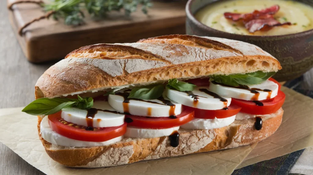 A Caprese sandwich with mozzarella, tomato, and basil, drizzled with balsamic glaze, served alongside potato soup.